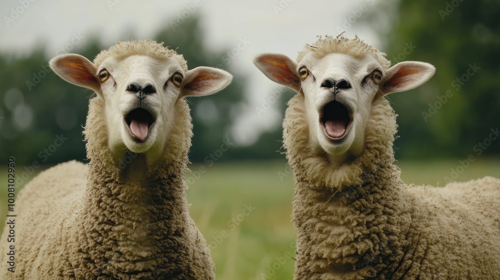 Two sheep with open mouths in a grassy field, appearing vocal or surprised. Two sheep with open mouths in a grassy field, appearing vocal or surprised.