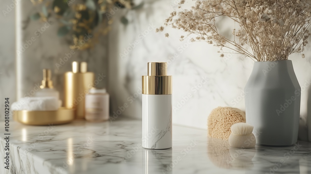 Elegant skincare products arranged on a marble countertop in a serene, well-lit bathroom setting