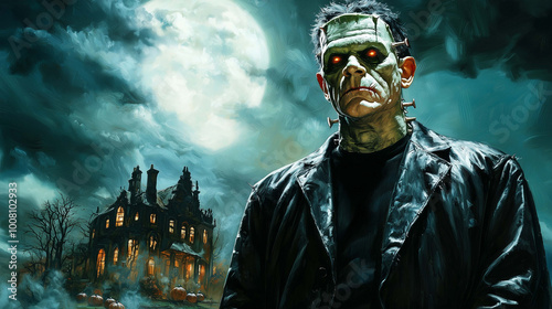 Eerie Halloween Frankenstein's Monster with Glowing Green Skin and Bolts in His Neck