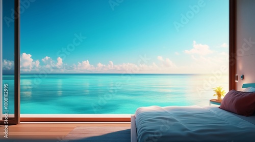 A tranquil scene of a bedroom with a view of a calm ocean  perfect for restful sleep. 