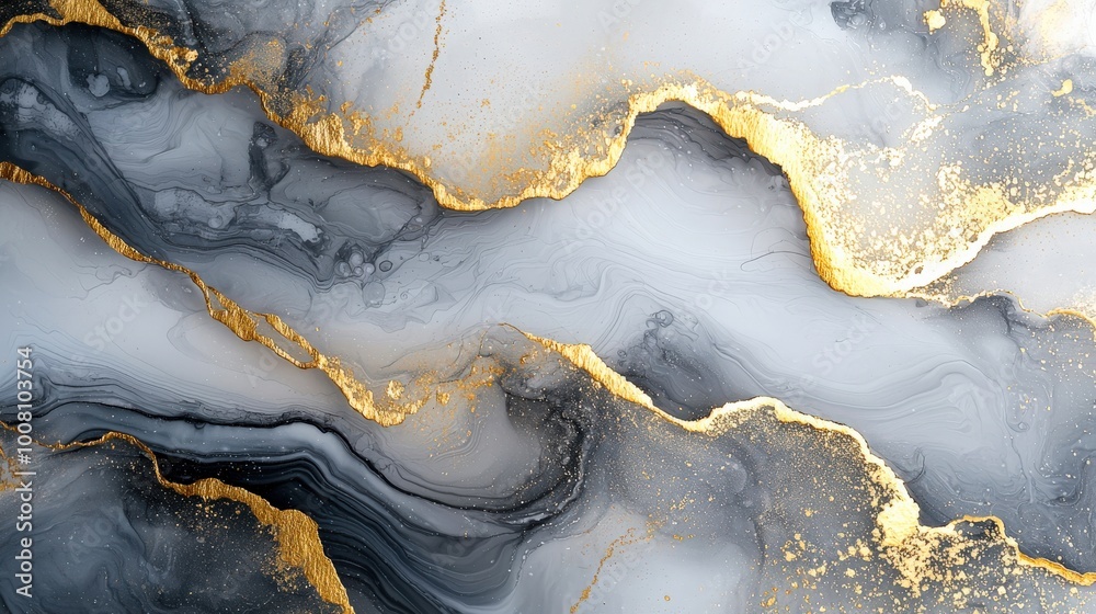 Fototapeta premium Closeup of gray and shiny golden alcohol ink abstract texture, perfect for trendy wallpaper or art for design projects like invitations, greeting cards, flyers, posters, and wrapping paper.