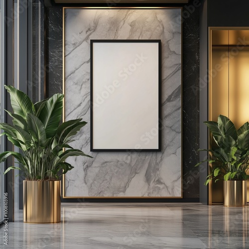 A modern, luxurious interior featuring a marble wall, gold accents, large plants, and an empty frame, creating a sophisticated and elegant atmosphere.
