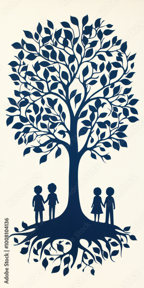 Graphic depicting a tree of life and a family standing under it. AI generative. Graphic depicting a tree of life and a family standing under it. AI generative.