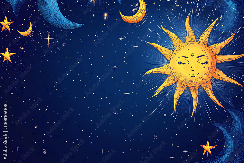 Blue space background with sun, moon and stars with place for text. Magic banner with copy space. Blank for astrology, fortune telling, parties. illustration Blue space background with sun, moon and stars with place for text. Magic banner with copy space. Blank for astrology, fortune telling, parties. illustration