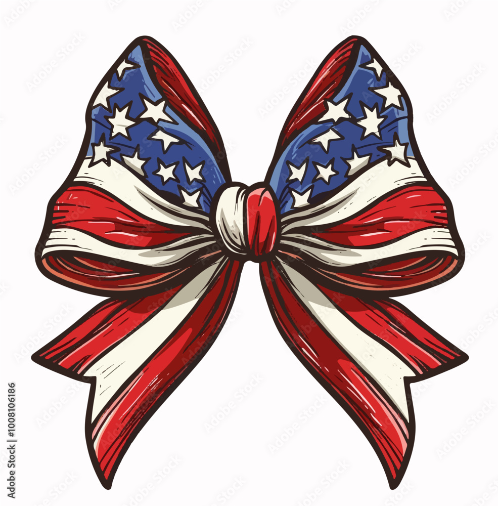 Patriotic vector design of a bow with the American flag pattern, featuring bold colors and star-spangled details. Patriotic vector design of a bow with the American flag pattern, featuring bold colors and star-spangled details.