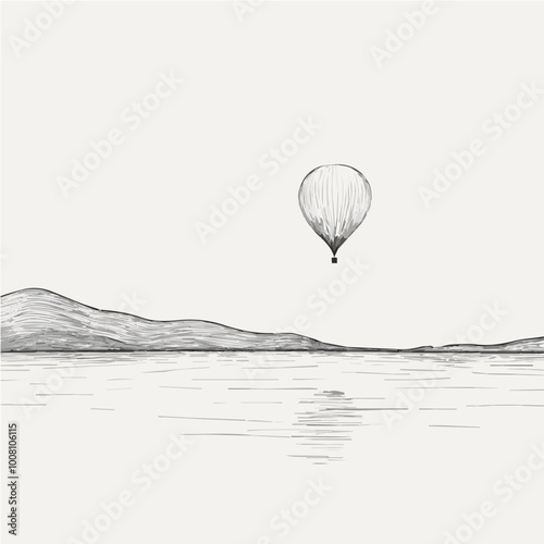 Minimalist one-line art of a hot air balloon reflecting on a tranquil lake, featuring clean contours and natural elegance.