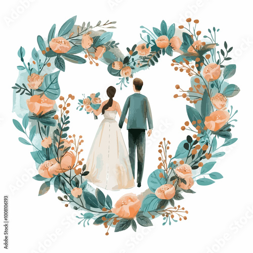 Charming wedding couple holding hands, surrounded by a floral heart wreath, ideal for wedding invites and romantic-themed designs.