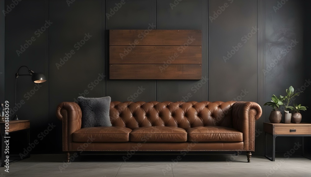 Fototapeta premium Large brown leather tufted sofa in a modern industrial-style living room with a dark wood and concrete wall background.