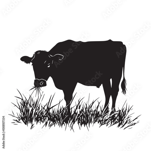 Black silhouette of domestic cow grass eating on a white background vector illustration