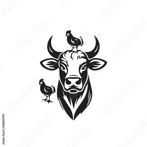 Black silhouette of domestic cow grass eating on a white background vector illustration