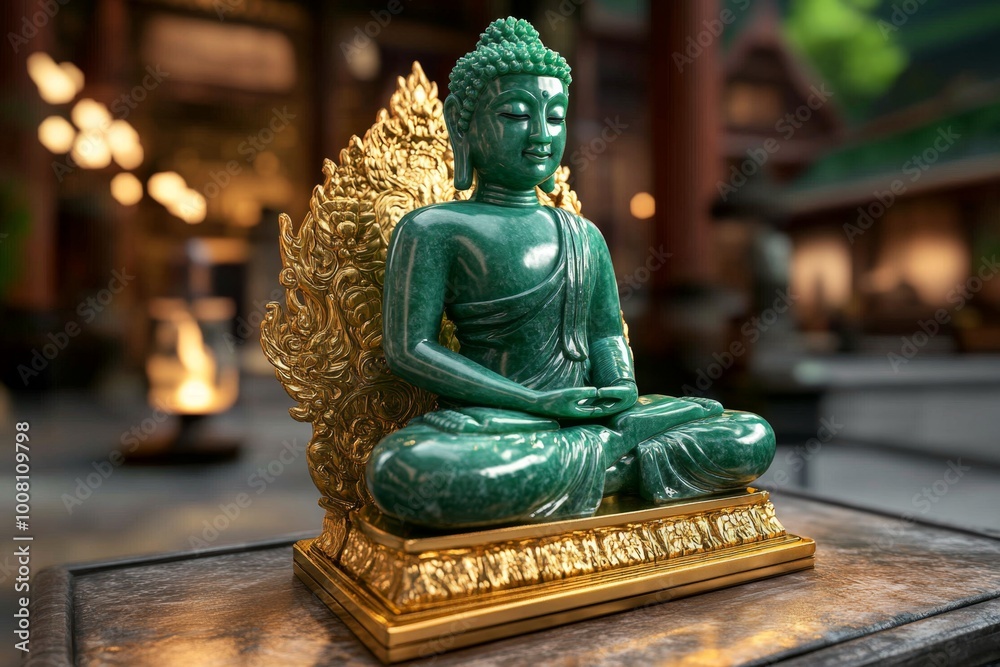 3D digital model of the Emerald Buddha seated on its golden throne, where the jade statue is fully rendered with realistic textures and lighting in a dynamic digital scene. 3D digital model of the Emerald Buddha seated on its golden throne, where the jade statue is fully rendered with realistic textures and lighting in a dynamic digital scene.