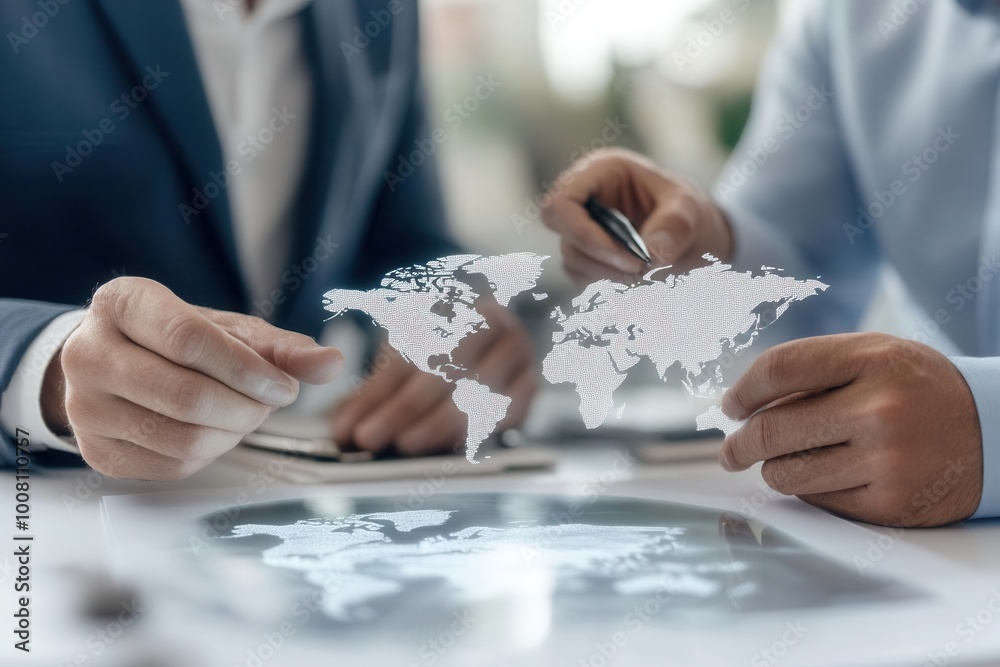 Business partners discussing global expansion plans with a world map hologram, globalization, international compromise Business partners discussing global expansion plans with a world map hologram, globalization, international compromise