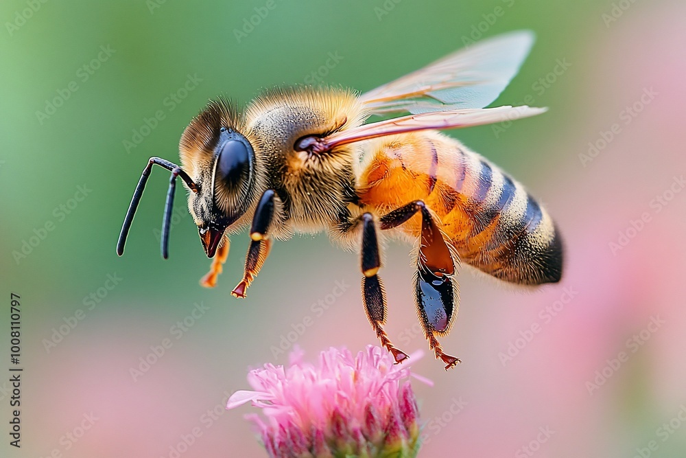 A honeybee in flight, landing on a pink flower, with a blurred green and pink background. A honeybee in flight, landing on a pink flower, with a blurred green and pink background.