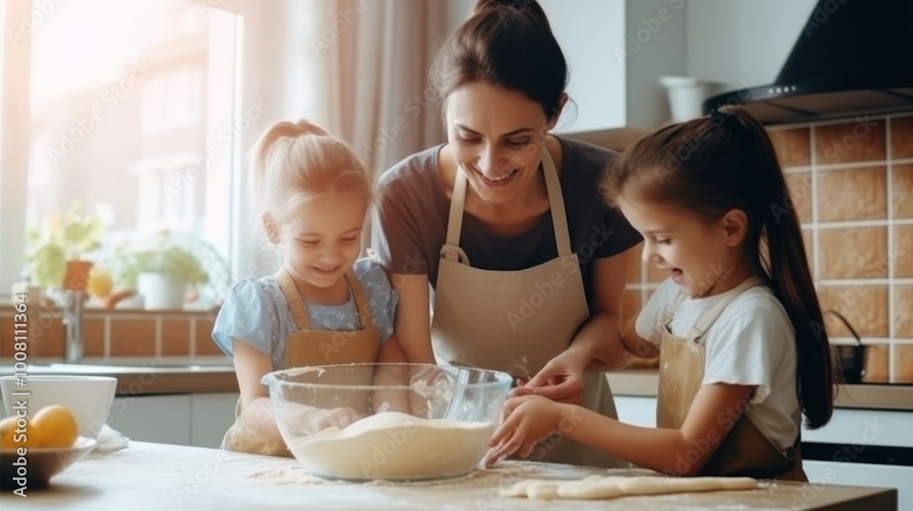 A joyful mother and her two daughters share a bonding moment, mixing pancake batter in a sunlit kitchen, their faces full of happiness and concentration. A joyful mother and her two daughters share a bonding moment, mixing pancake batter in a sunlit kitchen, their faces full of happiness and concentration.