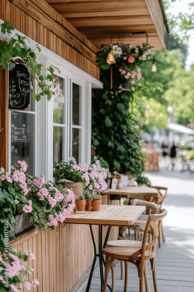 Fototapeta premium A delightful outdoor cafe with wooden tables, surrounded by pink flowers and green plants, evoking a peaceful and inviting atmosphere for patrons.