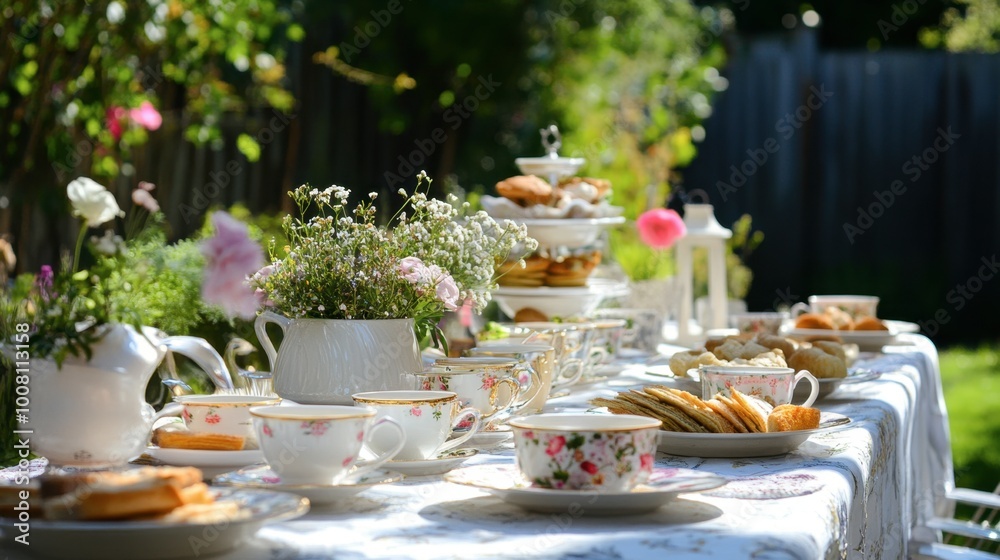 A backyard table set up for an afternoon tea party, complete with teacups, saucers, and finger sandwiches. A backyard table set up for an afternoon tea party, complete with teacups, saucers, and finger sandwiches.