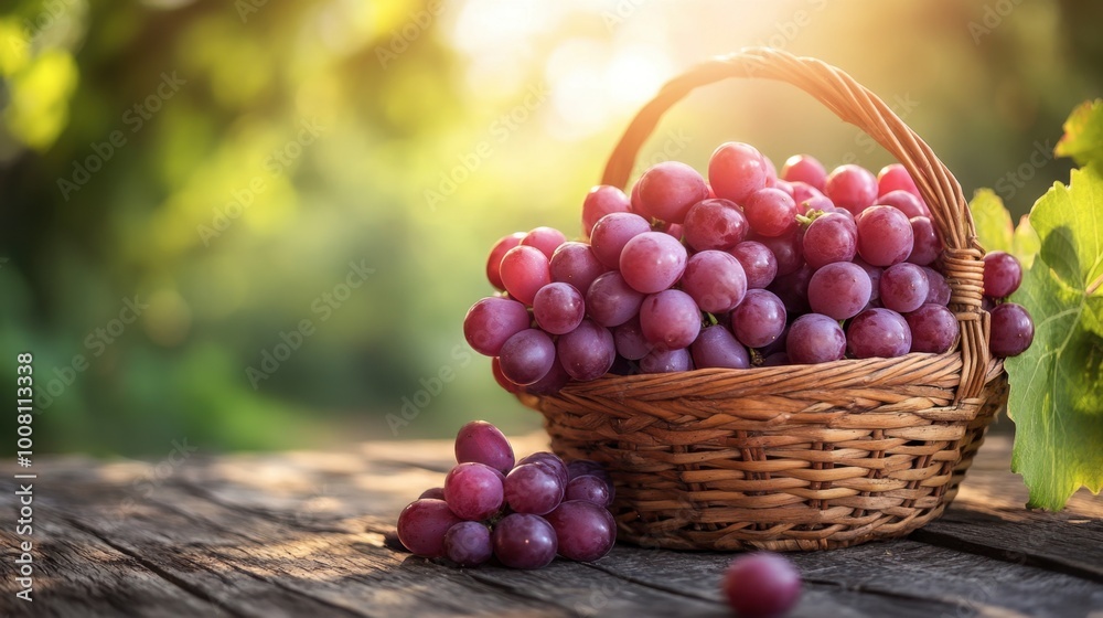 A basket of freshly picked red grapes sitting on a wooden table in a rustic outdoor setting. A basket of freshly picked red grapes sitting on a wooden table in a rustic outdoor setting.