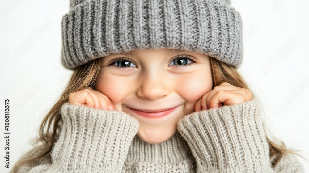A child gleefully smiles while bundled up in a knitted sweater and hat, showcasing warmth and comfort during a chilly day indoors. A child gleefully smiles while bundled up in a knitted sweater and hat, showcasing warmth and comfort during a chilly day indoors.