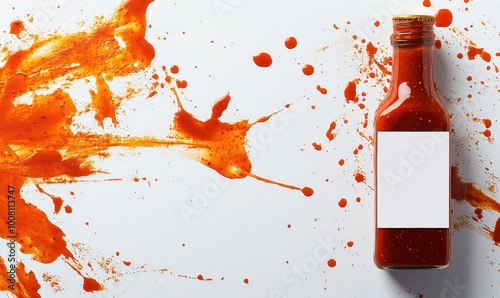 Photo of a hot sauce bottle with an empty white label, splattered on a clean background. Web banner with copy space on the right. 