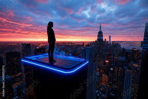 A futuristic city skyline glowing at sunrise, with a figure standing on a balcony, gazing out at the endless technological opportunities of tomorrowâ€™s world