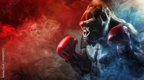 gorilla in boxing gloves on smoke background with copy space. Greatest boxer conceptual theme