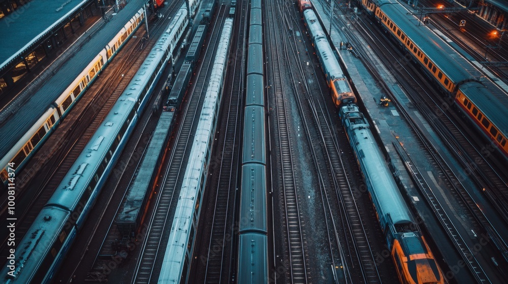 A bird view of multiple railway tracks converging in a busy train yard, with trains and carriages parked along the rails. A bird view of multiple railway tracks converging in a busy train yard, with trains and carriages parked along the rails.