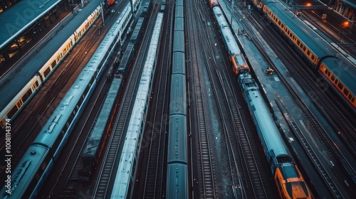 A bird view of multiple railway tracks converging in a busy train yard, with trains and carriages parked along the rails.