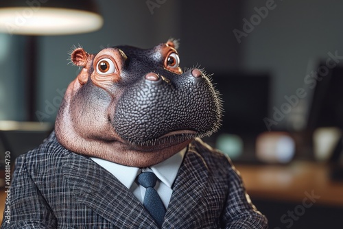 A humorous hippo dressed in a suit, sitting in a modern office setting.