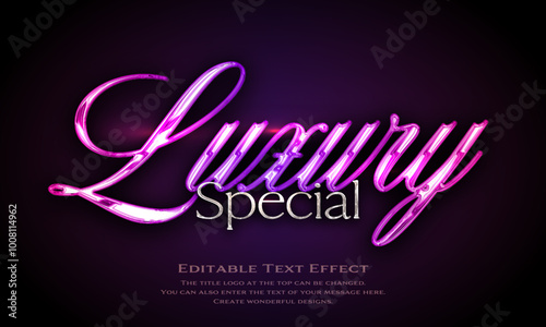 ”Luxury Special” chrome metallic editable title logo text style effect, with seamless and pink, purple antique glass holographic background. cursive script, script, handwritten,handwriting typeface