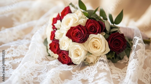 A bride bouquet of red and white roses lying on a lace veil, with soft focus on the surrounding details.