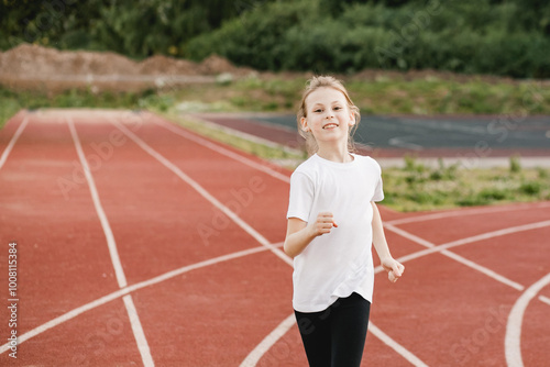 Pre-teen girl runner on a racing track. ?hildren healthy active lifestyle and physical education concept photo