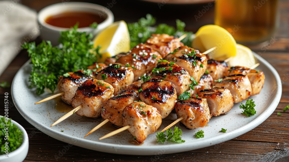 juicy honey chicken skewers . AI generative. juicy honey chicken skewers . AI generative.