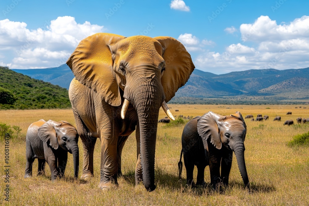 Fototapeta premium A herd of elephants grazing in a wide open plain, with distant mountains and the sanctuary’s expansive landscape stretching out around them.