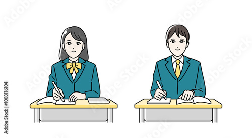 机に向かって勉強をする高校生の男女のイラスト