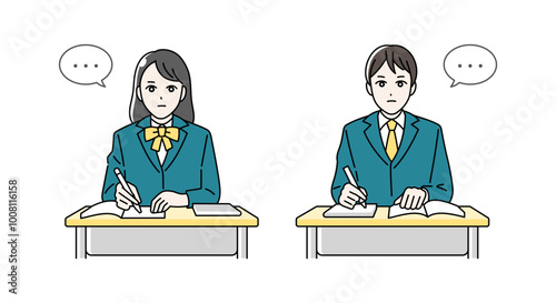 机に向かって黙々と勉強をする高校生の男女のイラスト