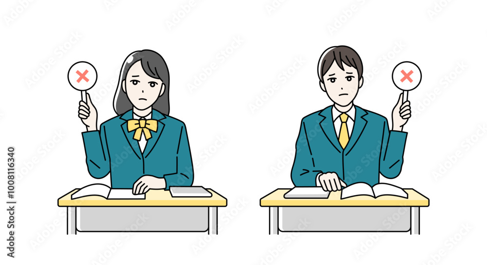 まるばつ札をあげる高校生の男女のイラスト まるばつ札をあげる高校生の男女のイラスト