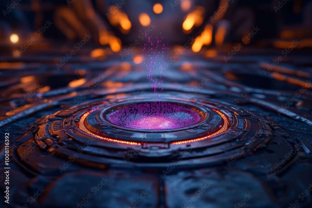 A holographic tear falling from a digital avatar, dissolving into pixels as it hits the ground in a futuristic, high-tech environment A holographic tear falling from a digital avatar, dissolving into pixels as it hits the ground in a futuristic, high-tech environment