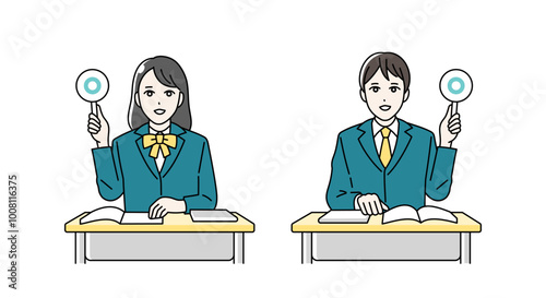 まるばつ札をあげる高校生の男女のイラスト