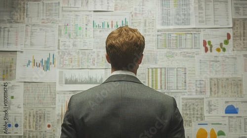 A businessman looking at a wall filled with financial charts and graphs, strategizing his next steps. photo