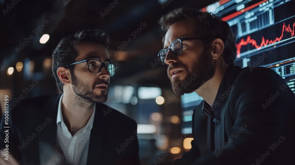 Two men in suits discuss financial data, surrounded by screens displaying stock market graphs, emphasizing collaboration and analysis in a modern workspace. Two men in suits discuss financial data, surrounded by screens displaying stock market graphs, emphasizing collaboration and analysis in a modern workspace.