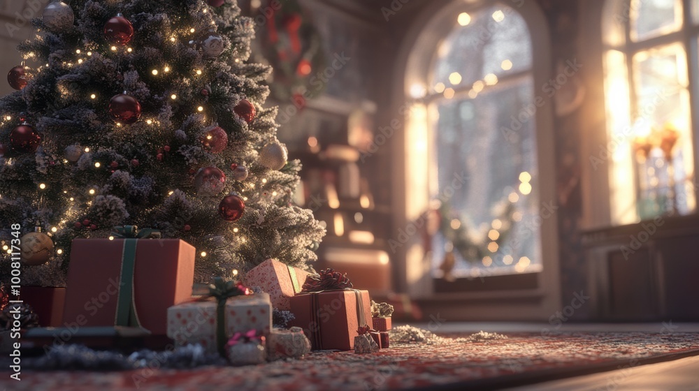 A christmas tree with presents on the floor A christmas tree with presents on the floor