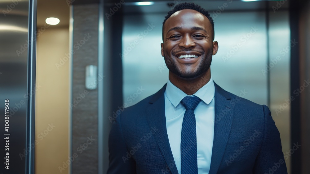 A businessman smiling confidently while standing in an elevator, ready for a business presentation.