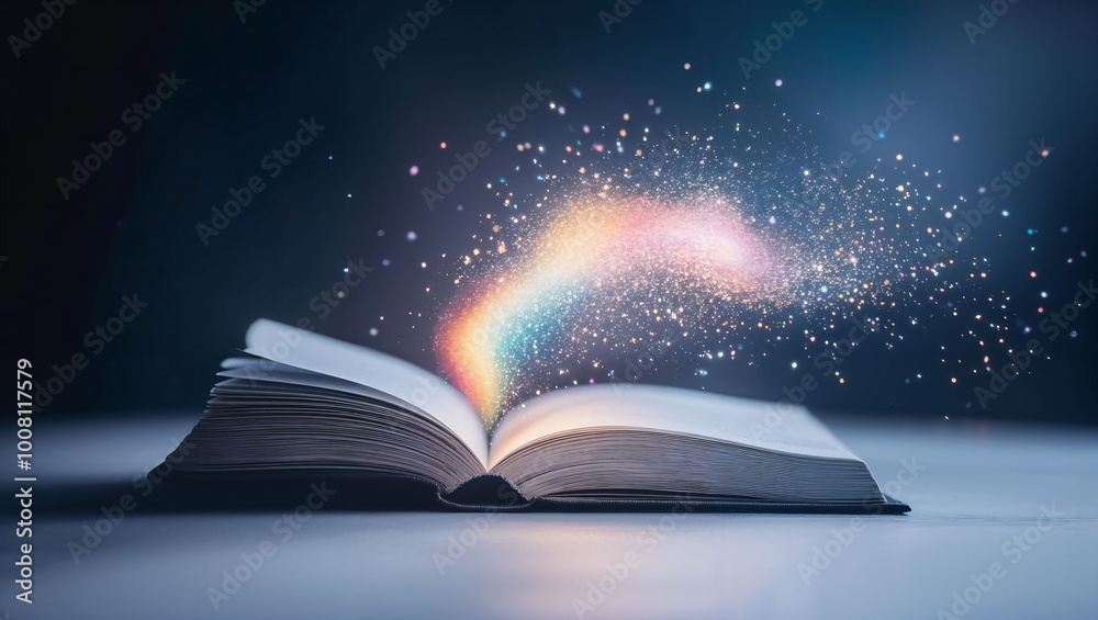 Discover the Enchantment Within: An Open Book Unleashing a Whirlwind of Colorful Sparkles and Dreamy Imagery in a Mysterious Dark Background, Inviting Imagination and Wonder. Discover the Enchantment Within: An Open Book Unleashing a Whirlwind of Colorful Sparkles and Dreamy Imagery in a Mysterious Dark Background, Inviting Imagination and Wonder.