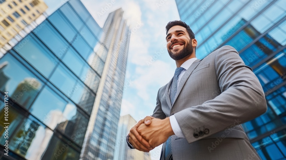 A businessman smiling while shaking hands with a partner in front of a skyscraper, symbolizing a successful deal. A businessman smiling while shaking hands with a partner in front of a skyscraper, symbolizing a successful deal.
