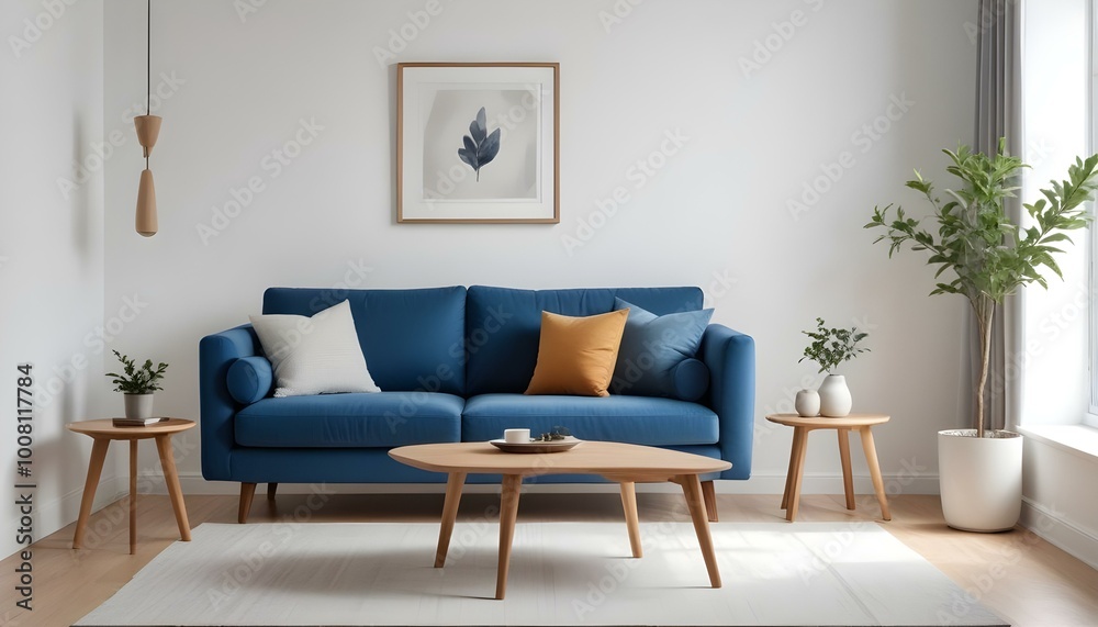 Modern blue sofa with wooden legs in a minimalist living room with a white wall and a wooden side table Modern blue sofa with wooden legs in a minimalist living room with a white wall and a wooden side table