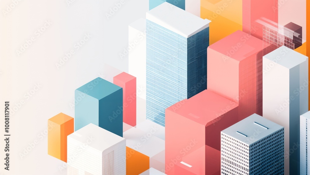 A mesmerizing urban landscape showcasing colorful geometric skyscrapers against a soft pastel background, blending modern architecture with an artistic twist in design. A mesmerizing urban landscape showcasing colorful geometric skyscrapers against a soft pastel background, blending modern architecture with an artistic twist in design.