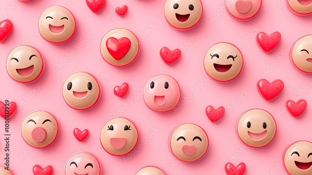 Smiling emojis lovely on a pink background, social networking and communication top view. illustration