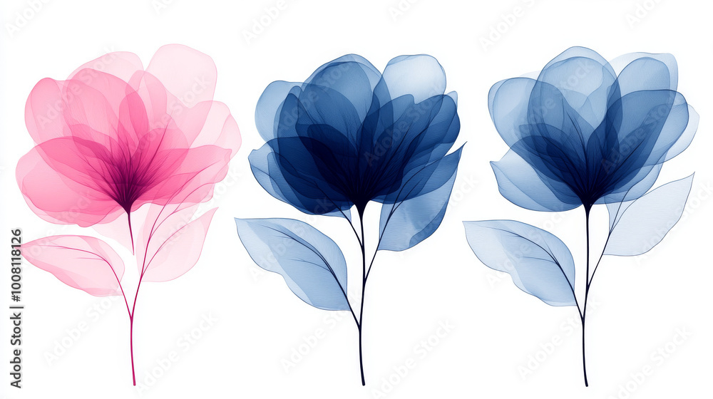 Three delicate, translucent flowers in shades of pink and blue. Three delicate, translucent flowers in shades of pink and blue.