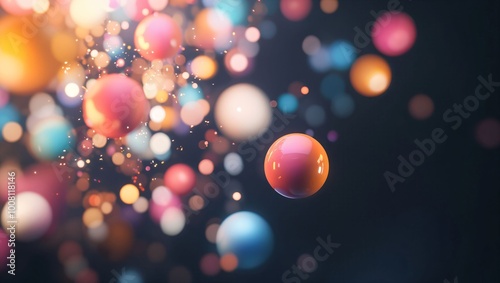A mesmerizing explosion of colorful orbs adrift in a dark space, creating a whimsical, enchanting atmosphere filled with light, vibrancy, and cheerful spontaneity, inviting wonder.