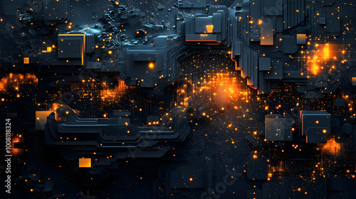 Abstract 3D Background - Black Circuit Board with Orange Lights
